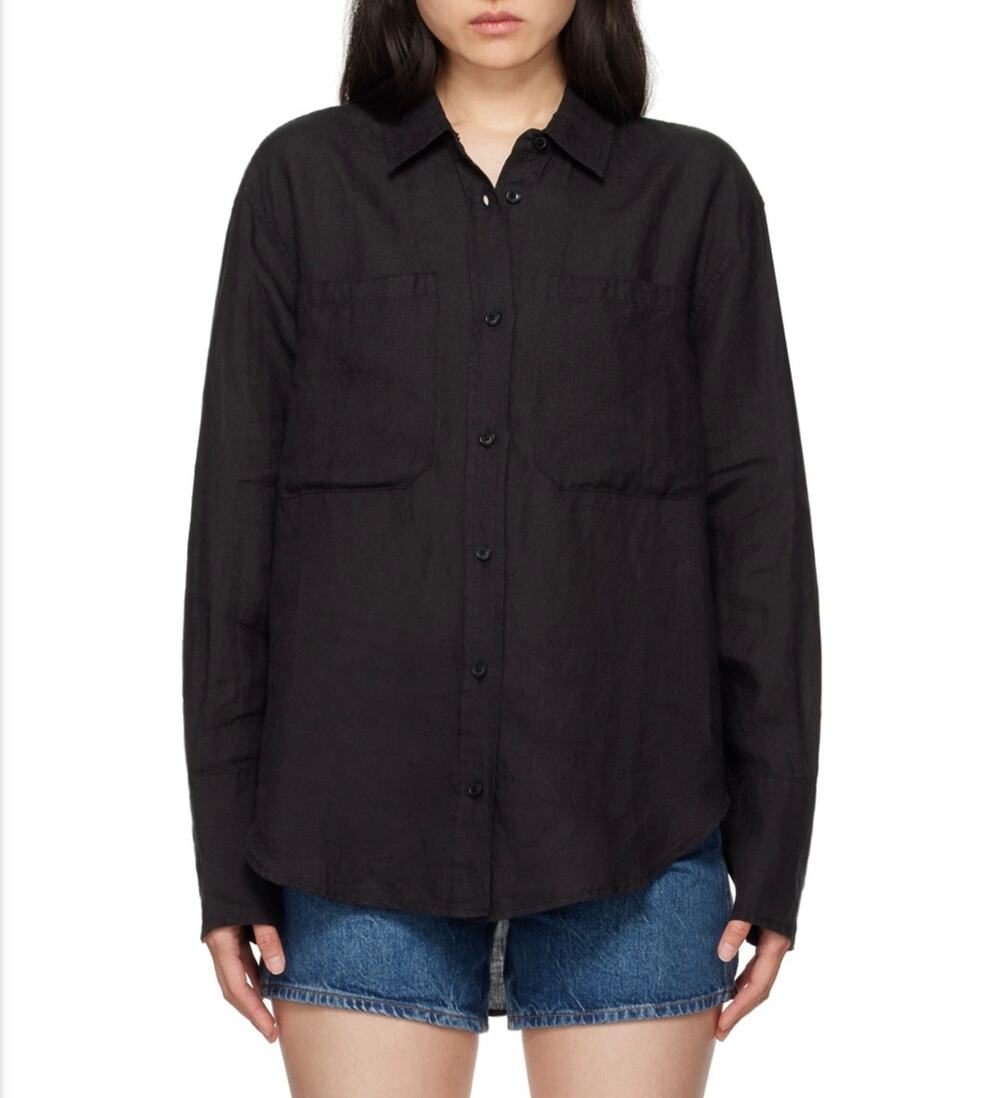 Anine Bing Black Dante 100% Linen Button Up Long Sleeve Shirt Luxury XS Designer